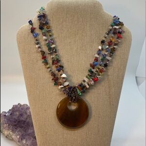 Multicolored Bead Necklace with Pendant-3 Strands